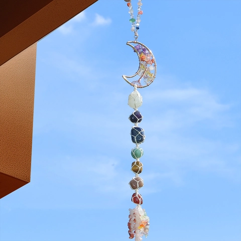 Decorazione Sospesa a Sette Chakra in Pietra Naturale Grezza Albero della Vita Luna Boho Intrecciato a Mano Casa Auto