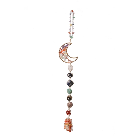Decorazione Sospesa a Sette Chakra in Pietra Naturale Grezza Albero della Vita Luna Boho Intrecciato a Mano Casa Auto