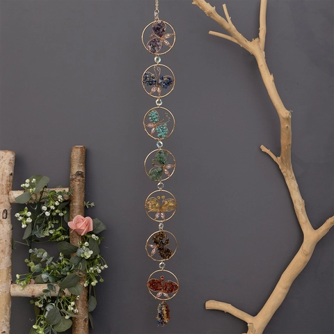 Natural Crystal Gravel 7 Chakra Butterfly Sun Catcher Wind Chime Handmade Hanging Ornament Healing Stones Home Wall Decor