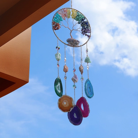 Tree Of Life Hanging Ornament Natural Agate Slices Multi Color Chakra Stones Crystal Bohemian Home Wall Window Decor