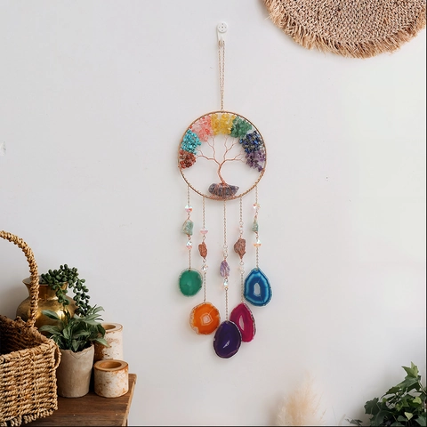 Tree Of Life Hanging Ornament Natural Agate Slices Multi Color Chakra Stones Crystal Bohemian Home Wall Window Decor