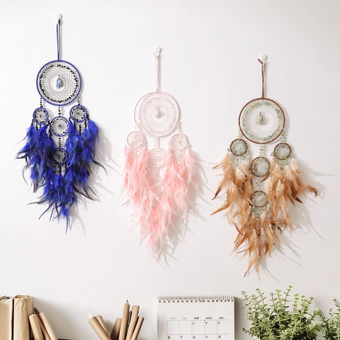 Acchiappasogni Albero della Vita Boho da Parete Fatto a Mano Multi-Anello Piume Pietre Frantumate Acchiappasogni per Camera da Letto Decorazione
