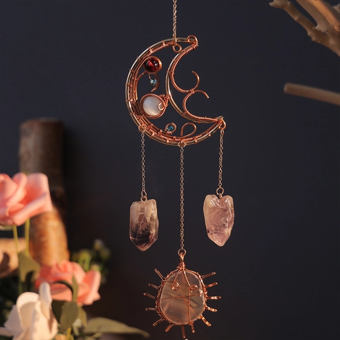 Handmade Crescent Moon Amethyst Agate Slice Wire Wrapped Hanging Ornament Sun Catcher Bohemian Home Wall Garden Decor