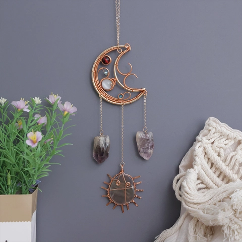 Handmade Crescent Moon Amethyst Agate Slice Wire Wrapped Hanging Ornament Sun Catcher Bohemian Home Wall Garden Decor