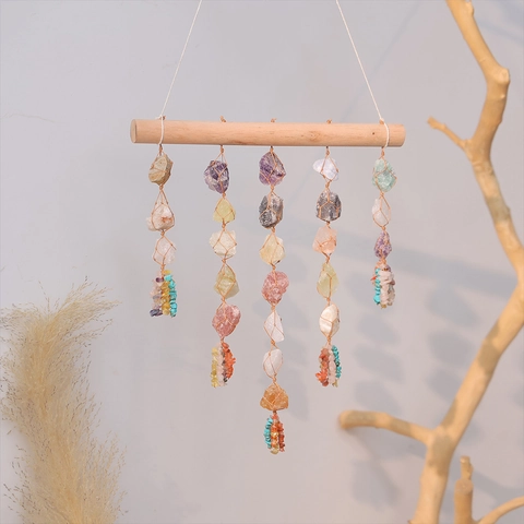 Naturstein Kristall Wandbehang Dekor Mit Holzstab Boho Amethyst Rosenquarz Heilung Sonnenfänger