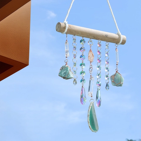 Natürlicher Kristall Wandbehang Holz Grüner Aventurin Achat Deko Boho Handgefertigter Sonnenfänger Haus Büro