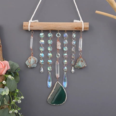 Natural Crystal Hanging Ornament Wood Green Aventurine Agate Wall Decor Boho Handmade Suncatcher Home Office
