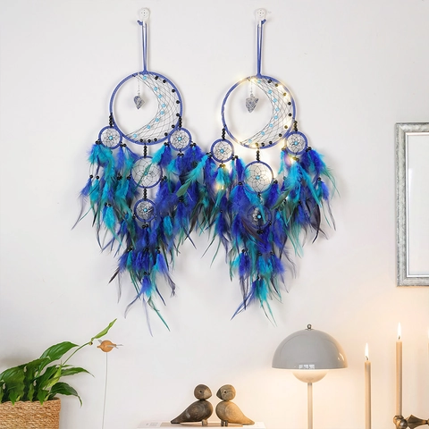 Atrapasueños Hecho A Mano Decoración De Pared Con Plumas Piedras De Cristal Cuentas Luz LED Estilo Bohemio Adorno Hogar