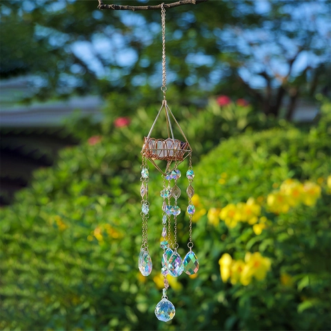 Geometrischer Kristall Sonnenfänger Hängende Dekoration Goldener Metallrahmen Mit Naturstein Und Bösem Blick Für Haus Garten