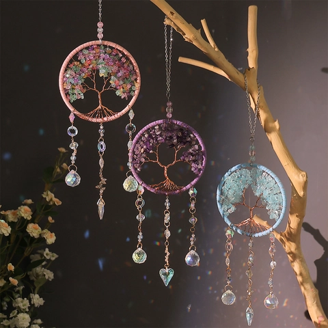 Acchiappasogni Albero della Vita in Cristallo Fatto a Mano Pietra di Ametista Campanello Eolico Stile Nordico Decorazione da Parete Regalo