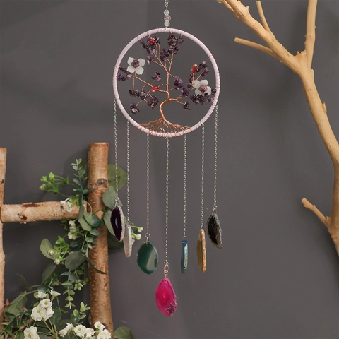 Acchiappasogni Albero Della Vita Scacciapensieri Con Fette Di Agata Naturale Pietre Di Cristallo Di Ametista Parete Bohemian