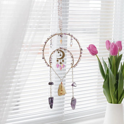 Natural Amethyst Citrine Crystal Suncatcher Moon Star Metal Hanging Wind Chime Prism Rainbow Maker For Home Garden Window Decor Bohemian Healing Gift