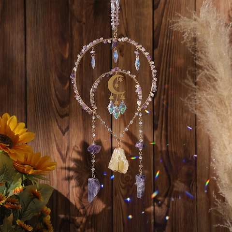 Natural Amethyst Citrine Crystal Suncatcher Moon Star Metal Hanging Wind Chime Prism Rainbow Maker For Home Garden Window Decor Bohemian Healing Gift