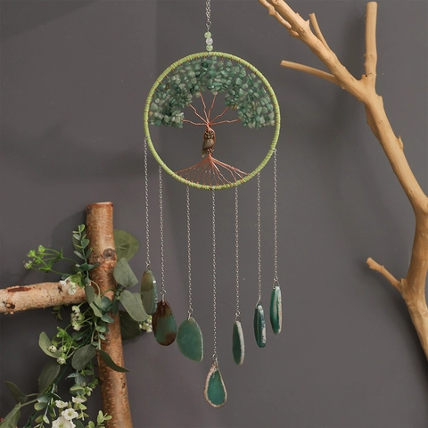 Levensboom Dromenvanger Hangende Decoratie Met Natuurlijke Agaatschijfjes Groene Kristalsteen Chips Uil Hanger Boho Decor