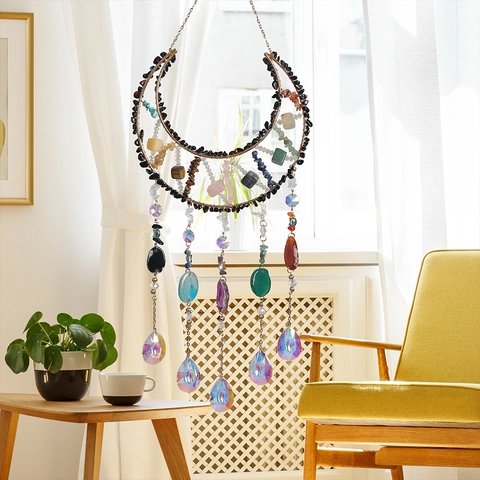 Maan Kristal Suncatcher Natuursteen Agaat Prisma Regenboogmaker Boho Handgemaakte Hangende Decoratie Huis Raam Tuin Decor