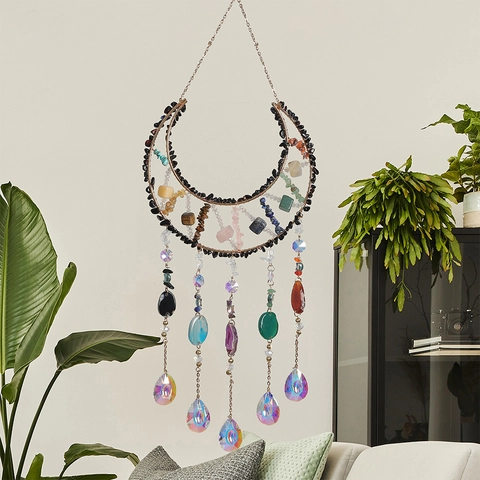 Maan Kristal Suncatcher Natuursteen Agaat Prisma Regenboogmaker Boho Handgemaakte Hangende Decoratie Huis Raam Tuin Decor