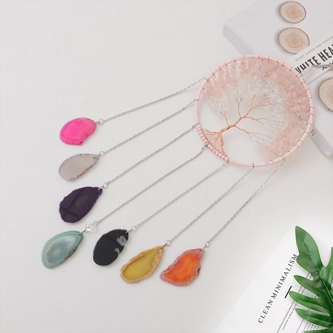Tree Of Life Dream Catcher Wind Chime With Natural Crushed Stone And Agate Slices Boho Wall Hanging Home Decor