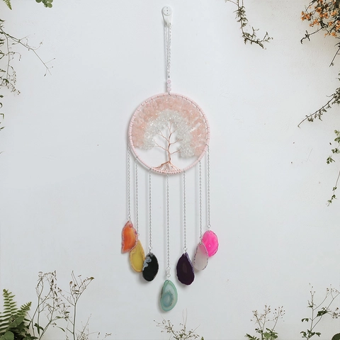 Tree Of Life Dream Catcher Wind Chime With Natural Crushed Stone And Agate Slices Boho Wall Hanging Home Decor
