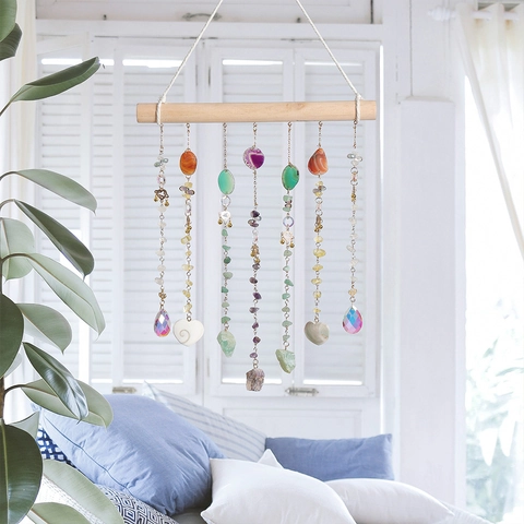 Bohemian Wall Hanging Decoration Natural Agate Slices Amethyst Crystal Stone Wood Rod Sun Catcher Wind Chime