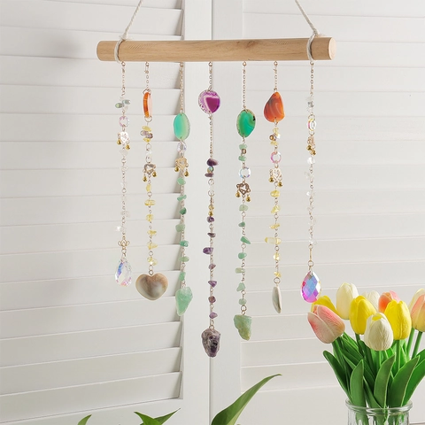 Bohemian Wall Hanging Decoration Natural Agate Slices Amethyst Crystal Stone Wood Rod Sun Catcher Wind Chime