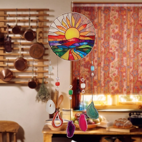 Acchiappasole Vetro Colorato Pendente Finestra Fette Agata Naturale Paesaggio Tramonto Albero Della Vita Decorazione Boho