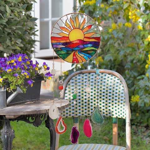 Sonnenfänger Buntglas Fensterbehang Naturachat Scheiben Sonnenuntergang Lebensbaum Boho Heimdeko Ornament