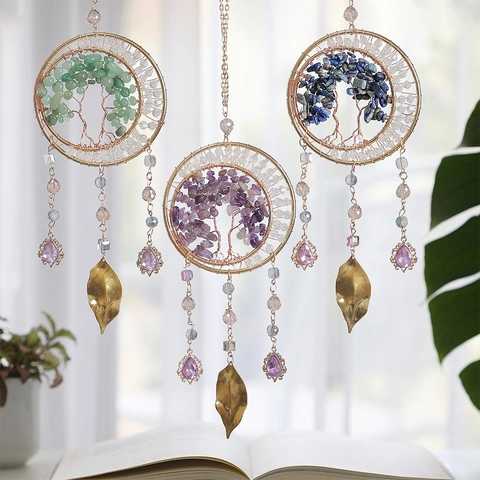 Tree Of Life Crystal Suncatcher Hanging Ornament Natural Stone Amethyst Aventurine Handmade Bohemian Wall Window Decor