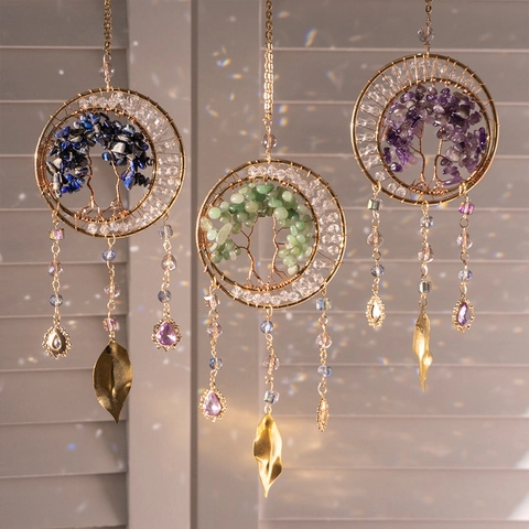Tree Of Life Crystal Suncatcher Hanging Ornament Natural Stone Amethyst Aventurine Handmade Bohemian Wall Window Decor