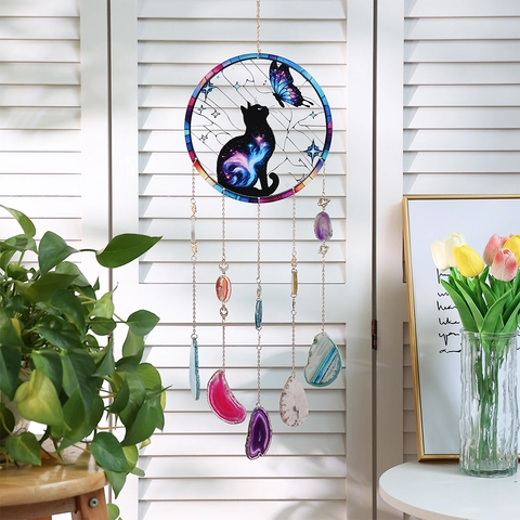 Bohemian Nebula Cat And Butterfly Suncatcher With Natural Agate Slices Metal Chain Hanging Decoration For Window Home Garden