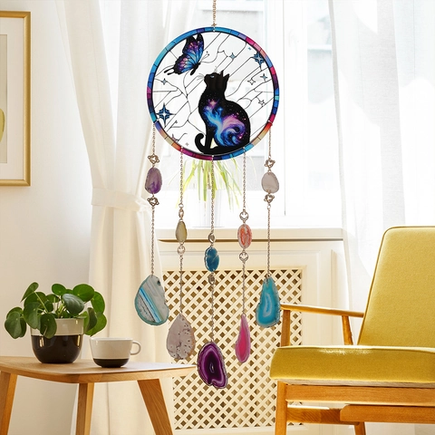 Bohemian Nebula Cat And Butterfly Suncatcher With Natural Agate Slices Metal Chain Hanging Decoration For Window Home Garden