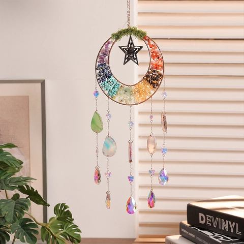 Boho Kristall Mond Stern Sonnenfänger Mit Naturstein Achatscheiben Regenbogenmacher Innenfenster Hängende Dekoration Geschenk