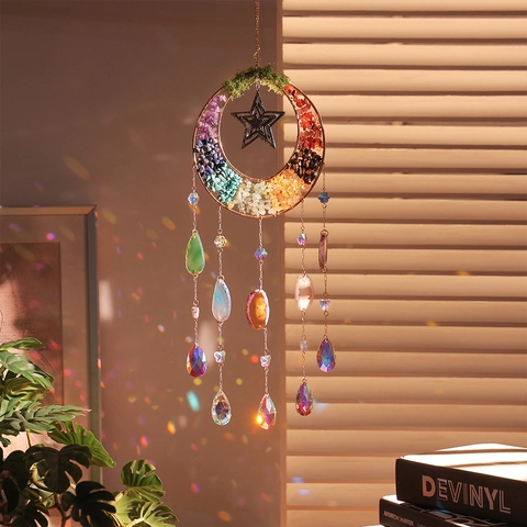 Boho Kristall Mond Stern Sonnenfänger Mit Naturstein Achatscheiben Regenbogenmacher Innenfenster Hängende Dekoration Geschenk