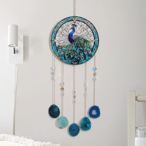 Peacock Suncatcher Hanging Decoration With Natural Agate Slices And Crystal Beads Acrylic Painted Dream Catcher For Home Window Garden Decor