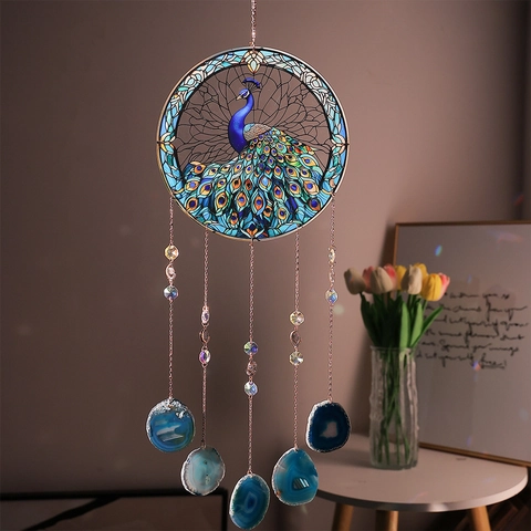 Peacock Suncatcher Hanging Decoration With Natural Agate Slices And Crystal Beads Acrylic Painted Dream Catcher For Home Window Garden Decor