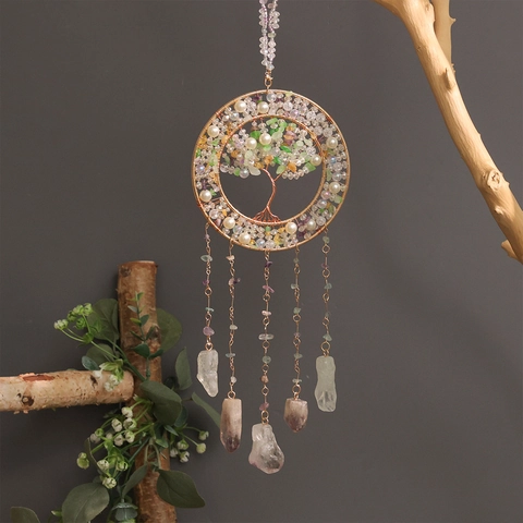 Décoration Murale Suspendue Arbre de la Vie en Cristal Fait à la Main Multicolore Éclats de Pierre Cristal Naturel Ornement pour Maison