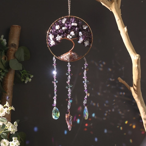 Lebensbaum Sonnenfänger Hängeornament Mit Amethyst Weiß Kristall Steinen Metalldraht Handgefertigt Traumfänger Für Zuhause Zimmer Garten Deko Geschenk