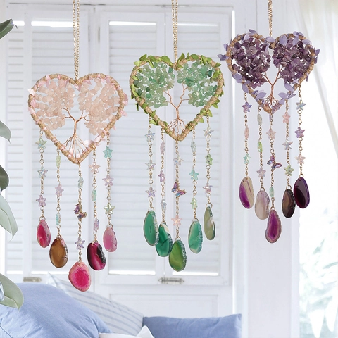 Attrape Rêves en Forme de Coeur Arbre de Vie Avec Cristaux Naturels Et Tranches d'Agate Ornement Suspendu Fait Main Décoration Maison