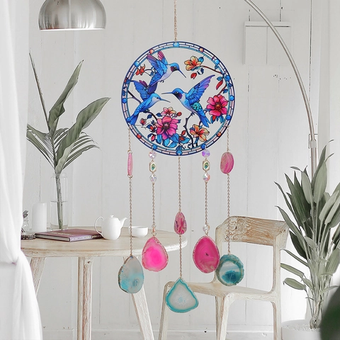 Διακοσμητικό Κρεμαστό Hummingbird Sun Catcher Με Φυσικές Φέτες Αχάτη Ακρυλικό Σχέδιο Σε Στυλ Βιτρό Για Παράθυρο Κήπο