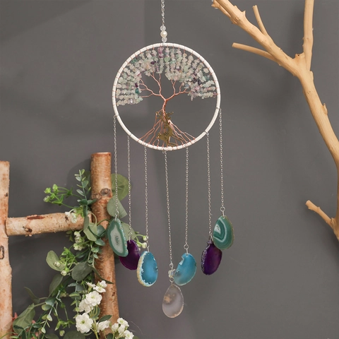 Handmade Tree of Life Dream Catcher Wall Hanging Natural Agate Slices Crystal Gravel Boho Home Decor Ornaments Birthday Gift