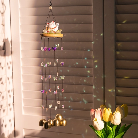 Gelukskat Windgong Keramiek Hout Kristal Vlinder Kralen Messing Bellen Japanse Stijl Huis Decoratie Hangende Decor