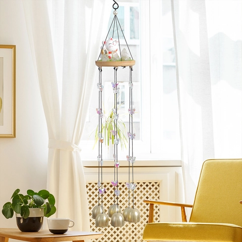 Gelukskat Windgong Keramiek Hout Kristal Vlinder Kralen Messing Bellen Japanse Stijl Huis Decoratie Hangende Decor