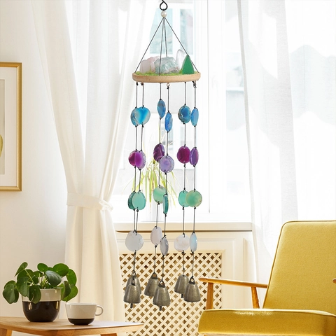Carillon Éolien en Tranches d'Agate Naturelle Avec Cloches en Métal et Base en Bois Ornement Suspendu en Pierres de Cristal pour Maison