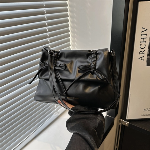 Bolso De Hombro De Cuero PU Plisado De Moda Para Mujer Bolso Cruzado Con Decoración De Lazo Dulce Informal