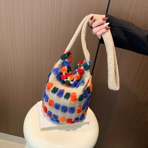 Women Colorful Pom Poms Knit Bucket Bag Casual Multi-color Ball Decorated Shoulder Bag Daily Travel Ethnic Style Handbag