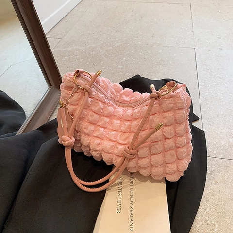 Damen Trendy PU Leder Unterarmtasche Mit Popcorn Textur Blumenanhänger Casual Schultertasche Ins Style Handtasche