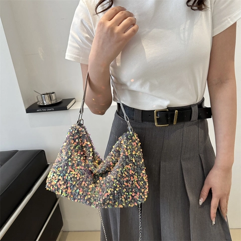 Iridescent Sequin Shoulder Bag For Women Fashion Shiny Underarm Bag Sparkling Party Purse Chain Tote Bag Wedding Banquet Bag
