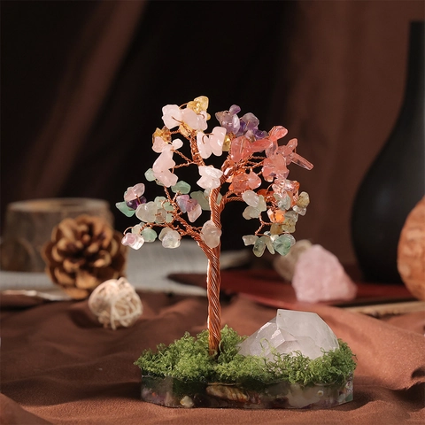 Arbre De Vie En Cristal Naturel Fait Main Fil De Cuivre Ornement En Pierres Gemmes Avec Base De Cluster De Quartz Décor