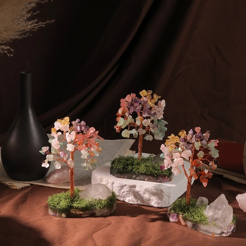 Arbre De Vie En Cristal Naturel Fait Main Fil De Cuivre Ornement En Pierres Gemmes Avec Base De Cluster De Quartz Décor