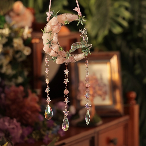 Ornamento Sospeso Acchiappasole Luna Renna Fatto a Mano Pietra Naturale Tritata Resina Arte Prisma Finestra Regalo