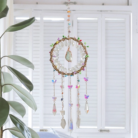 Crystal Tree Of Life Dream Catcher Handmade Suncatcher Rainbow Maker Window Hanging Ornament For Garden Home Room Decor